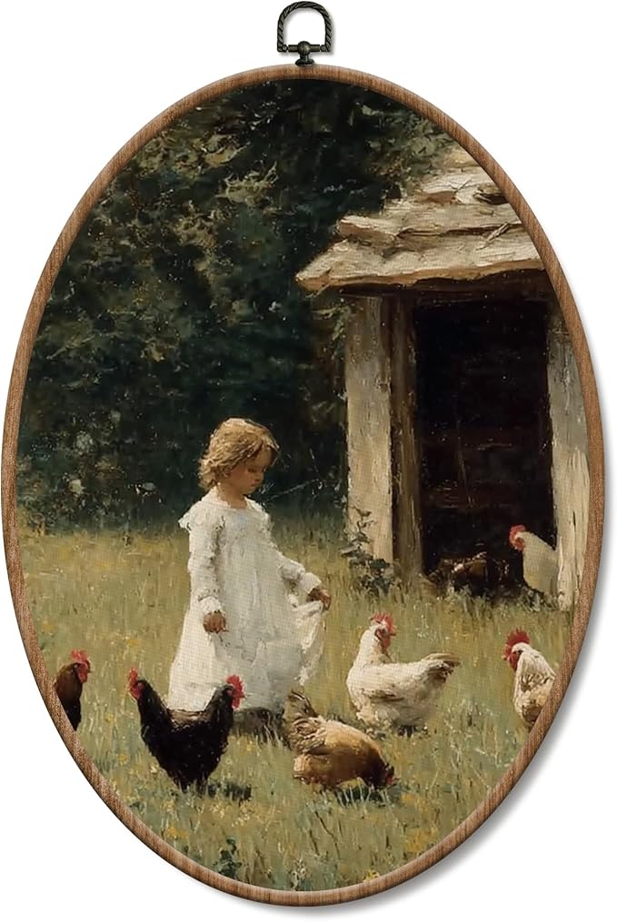 Yorhifa Vintage Rustic Farmhouse Framed Wall Art, Cottagecore Country Farm Girl and Chicken Oval Wall Art, Farmhouse Farm Life Oval Walls Decor, Pastoral Canvas Artwork Hanging Decor, 8.5x11.5in