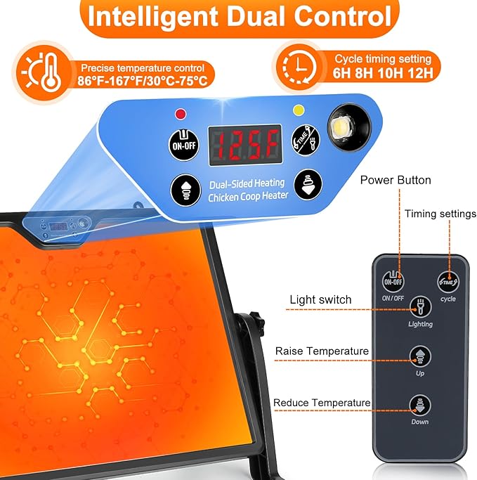 Smart Chicken Coop Heater, 180W Double-Sided Brooding Heating Panel with Thermostat Remote Control Timing & Adjustable Temp, Hanging and Standing Angle Adjustable, for Chicken Home Pet (H88A-Z1)