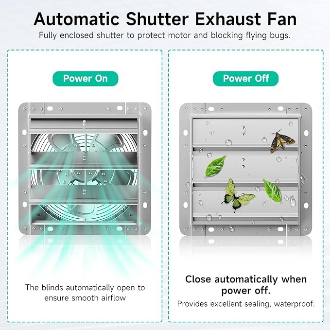 12 Inch Shutter Exhaust Fan，Automatic Shutter with ON/OFF Switch, 1430 CFM High-Speed Vent Fan, 1400 RPM Wall Mounted Attic Fan for Shed, Garage, Greenhouse Ventilation