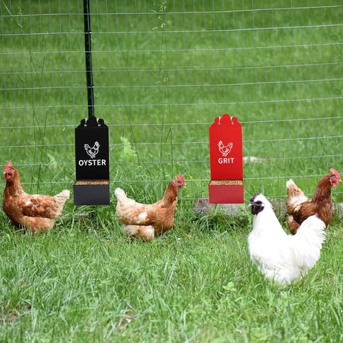 2 Pack Metal Chicken Feeder, Oyster Shell and Grit Feeder Hanging/Ground Chicken Coop Feeder with Durable Iron Construction for Hens & Chicks (Black & Red)