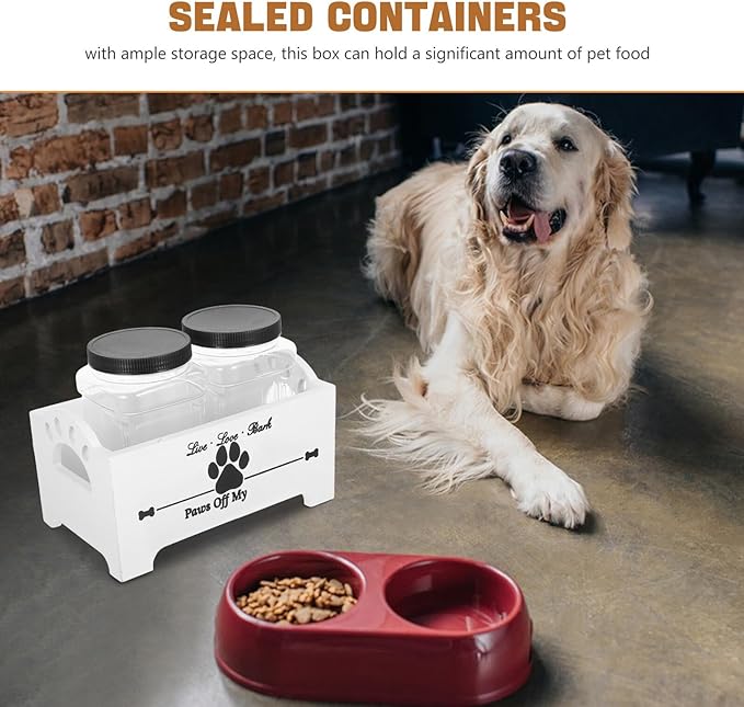 Mipcase Wooden Dog Food Storage Box with Airtight Jars, Treat Container Set for Countertop, Farmhouse Style Dog Treat Holder with Divided Compartments, White Wood for Home Pet Food