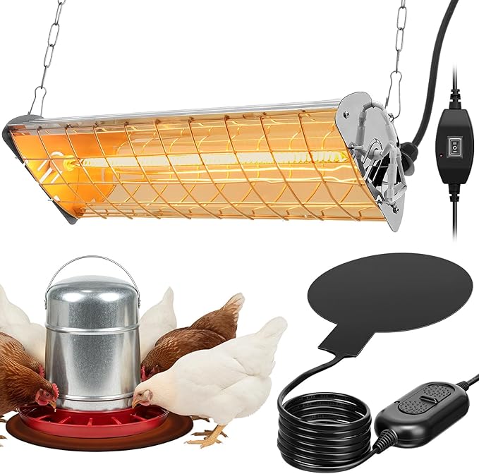 2 Pcs 400w Chicken Coop Heater Lamp and Black Silicone Water Heated Base Pad Carbon Fiber Chicken Coop Heater for Winter Chicks Brooder Heat Plates Adjustable Hanging Height for Livestock