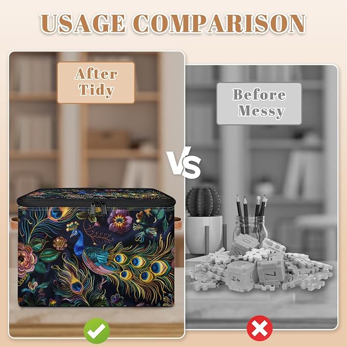 Peacock Animal Bird Feathers Storage Bins With Lids Fabric Collapsible Storage Box with Leather Handles for Home Bedroom Foldable Closet Shelf Organizer