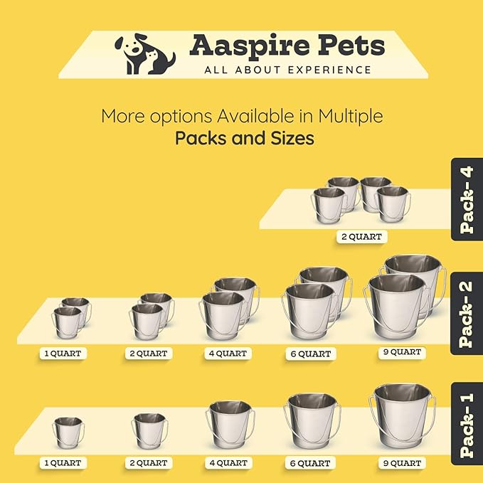 Flat Side Stainless Steel Bucket 6 Quart Hanging Feeding Utility Pail for XL Dog Goat Sheep Livestock, Fits Kennel Cage Crate Farm, Heavy Duty Food & Water Feeder, 1.5 Gallon Silver 2Pack