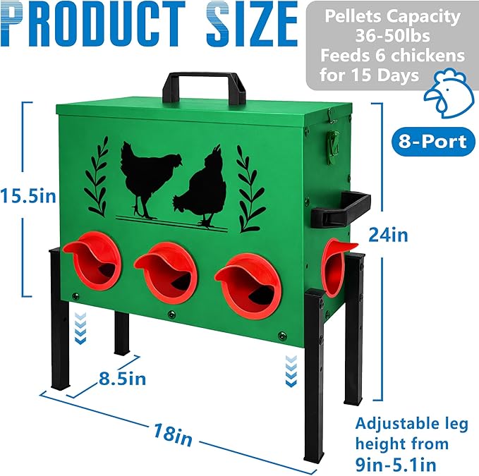 Chicken Feeders, 50 lb Capacity 8 Port Automatic Chicken Feeder, Metal Chick Feeders with Locking Lid and Legs, Chicken Feeder for Chickens, Ducks, Geese, Green