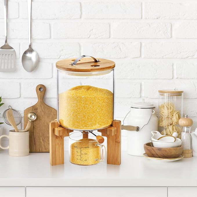 5L Glass Rice Dispenser, Cereal Container with Bamboo Stand, Large Airtight Food Storage Bin, Rice Organization Tank with Measuring Cup for Grain Coffee Beans Dry Food