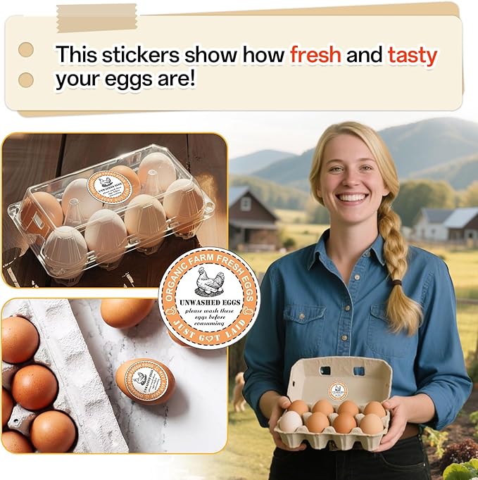 3 in 1 Total 1850pcs Farm Fresh Egg Stickers Set Including 250pcs Handing Instruction Cards,800pcs 2” Round Unwashed just got Laid Carton Stickers,800pcs Rectangular Please Return Egg Carton Labels