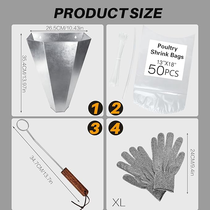 Poultry Processing Kits, Include Medium Size Chicken Cone, 50 Pack Poultry Shrink Bags, A Lung Scraper of Chicken Processing and A Pair of Gloves, Convenient for Chicken Processing