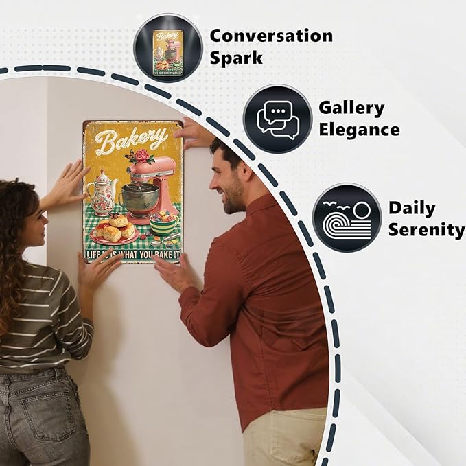 Retro Baking Metal Plaque Life Is What You Bake It Sign Farmhouse Wall Decor Aluminum Tin Sign Bread Pastry Art Kitchen Diner 12X16Inch