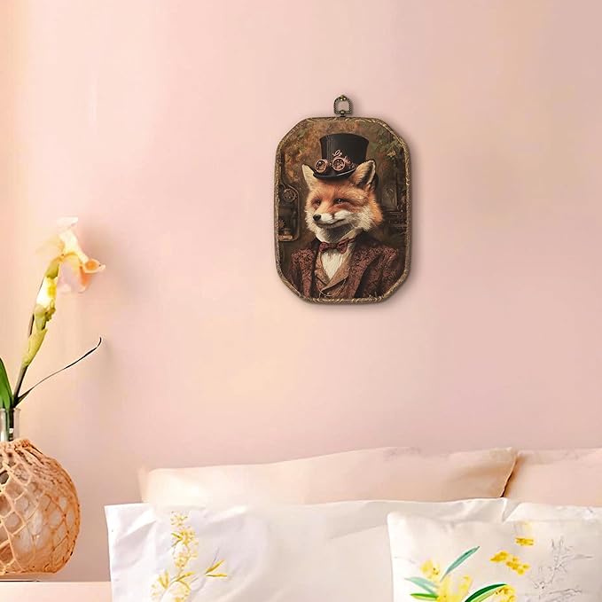 Hxlac Vintage Fox Rectangular Wall Art Framed, Dark Moody Fox Rectangular Wall Decor, Rustic Farm Animal Hanging Canvas Prints Wall Sculptures for Farmhouse Home Living Room Bedroom Decor, 7.1x10.2 Inch