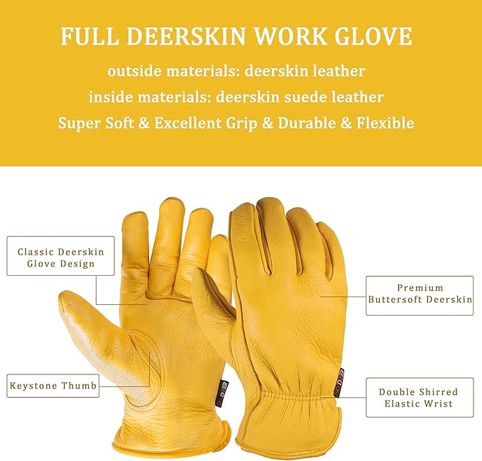 SKYDEER Full Grain Deerskin Leather Gloves for Men and Women, Extra Soft and Hands Protection, 3D Ergonomic Design (SD2210)