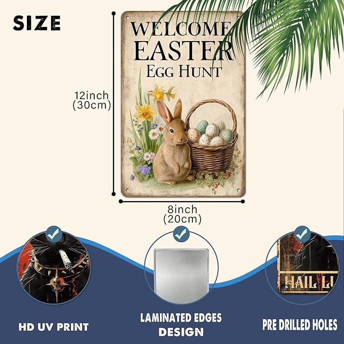 Easter Bunny Vintage Tin Sign Welcome To Our Egg Hunt Metal Sign Suitable For Gardens, Homes, Apartment Walls 8X12Inch