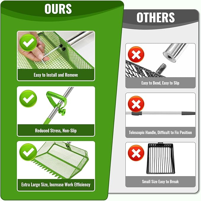 2-in-1 Chicken Coop Scooper: Extra Large 12” Poop Scooper & Rake with Adjustable Handle (37”-65”) | Heavy-Duty Metal Shovel for Quick Pet Waste, Rabbit, Guinea Pig, Barn Cleaning | Green