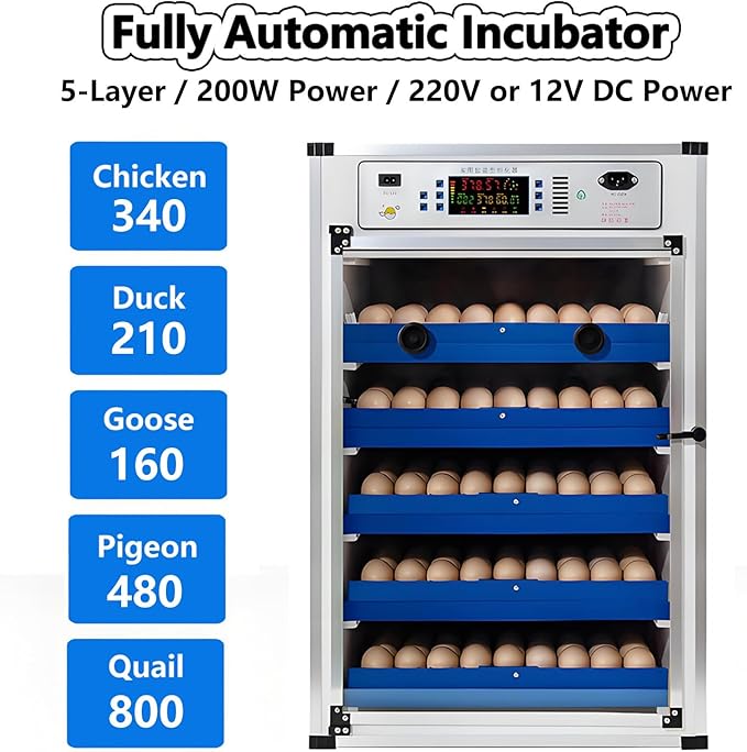Poultry Pigeon & Game Bird Egg Incubators with Auto Turn & Smart Temp/Humidity Control & Egg Candler Poultry Hatcher Machine for Hatching Eggs Adjustable Rollers for Any Egg Size 340eggs