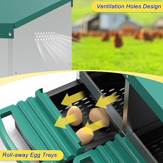 Chicken Nesting Box, 8 Compartments Metal Chicken Laying Boxes with Roll Out Egg Collection, Wooden Fake Eggs, Install Accessories and Gloves for Hens/Goose/Duck/Rabbit, Green