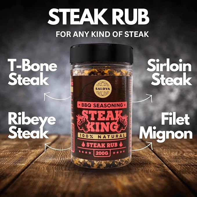 Steak King BBQ Rub - 100% Natural Seasoning - Perfectly Balanced Blend of Spices for Extraordinary Steaks and Other Beef Dishes - Large Jar (200g)