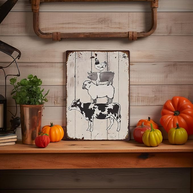 Farm Animals Metal Sign Vintage Style Wall Decor for Rustic Farmhouse Gift 12x8 Inches
