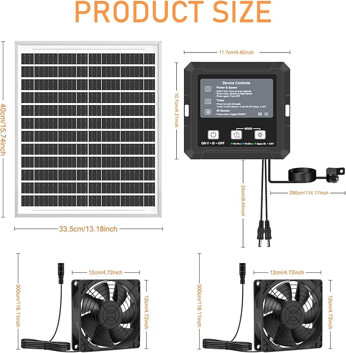 25W Solar Exhaust Fan with Battery, Solar Powered Fan for Shed & Greenhouse, 3 Modes Controller (Continuous/Timer/Motion Sensor), For Intake or Exhaust Vent Cooling for Chicken Coop, Dog House