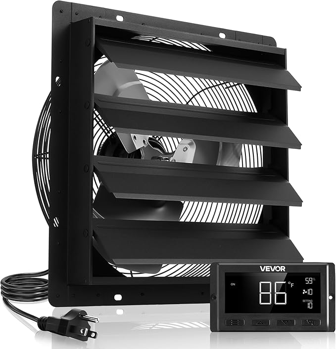 VEVOR 16 inch Exhaust Fan, Wall Mounted Attic Fan with Variable Speed, Temperature & Humidity Controller, 3000 CFM, Automatic Shutter