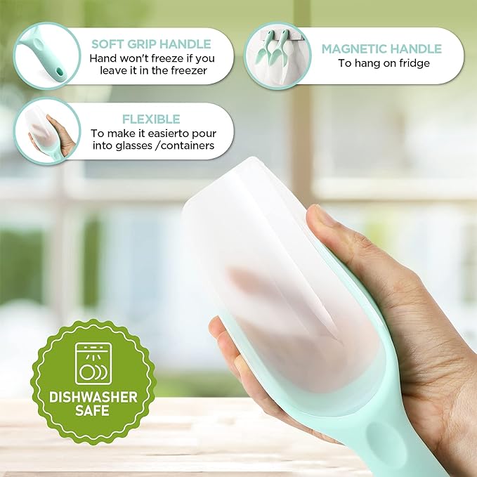 Spring Chef Dog Food Scoop, Contoured Translucent Flexi-Plastic Pet Food Scooper with Soft Grip Handle, Kitchen Magnetic Ice Scoop for Freezer, Ice Machine, Popcorn, Flour, Coffee Bean - Mint