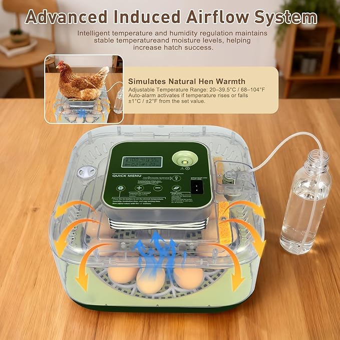 Series IV - 12 Egg Fully Automatic Incubator, Low Maintenance, Intelligent Sensor-Based Precise Humidity & Temp Control, Custom-Interval Auto Turn & Auto Stop, Preset Incubation Days, Candler, Alarms