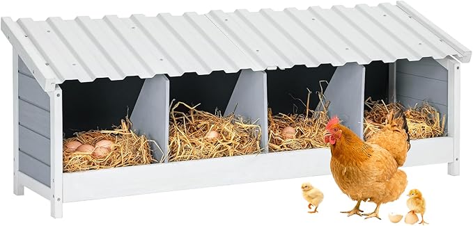PETSFIT 4 Holes Chicken Nesting Box-All Weather PVC Roof, Natural Wood Design with Privacy Back Panel for Hens-Wall Mounted or Floor Use in Coops, Farms, Backyards,Easy to Assemble