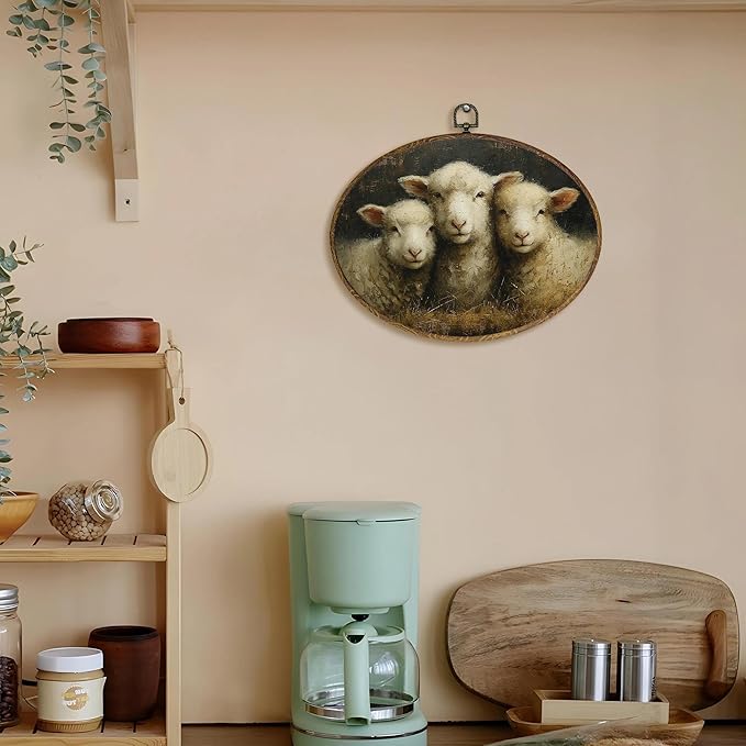 LKETW Vintage Sheep Oval Wall Art Decor, Neutral Cottagecore Lamb Oval Canvas Hanging Decor, Rustic Farmhouse Animal Wall Decorations For Home Living Room Farmhouse Gallery, 11.4x8.6 Inch
