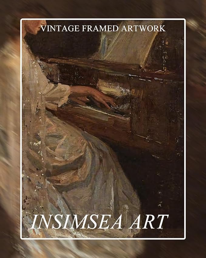 InSimSea Framed Canvas Wall Art Mid Century Lady Playing Piano Classical Painting Vintage Canvas Prints Wall Decor for Bedroom Bathroom Decor Retro Portrait Wall Art 8x10in