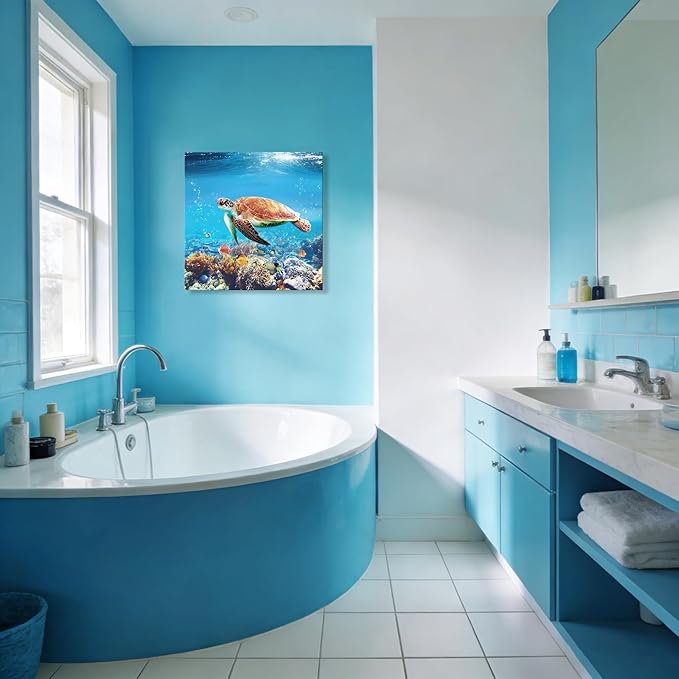 Woxfcart Sea Turtle Canvas Wall Art Tropical Turtle Picture Gift Sea Life Teal Ocean Animal Prints for Bathroom Bedroom Living Room Decor, 24 x 24 Inch, Ready to Hang
