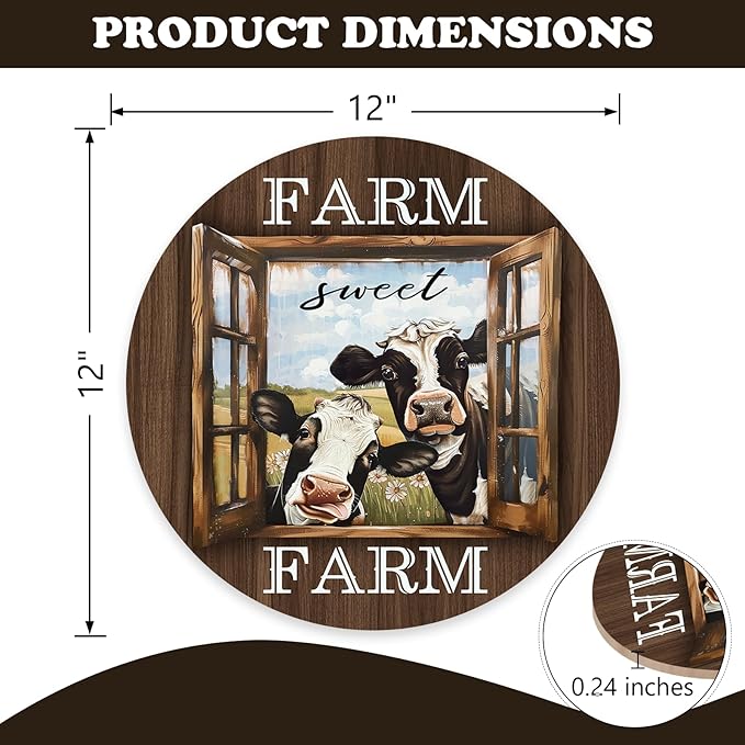 Funny Farm Sweet Farm Cow Front Door Sign, Vintage Farmhouse Animals Wood Hanger Outdoor Outside Porch Home Decor, Rustic Country Barn Wooden Wreath Indoor Wall Hanging Decoration Farm Gifts