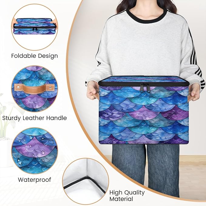 Mermaid Scale Fish Scale Ocean Storage Bins With Lids Fabric Collapsible Storage Box with Leather Handles for Home Bedroom Foldable Closet Shelf Organizer