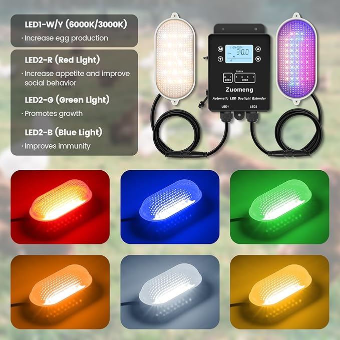 Automatic LED Daylight Extender, Zuomeng Upgraded Chicken Coop Light with Multi-Color Light (White/Red/Blue/Green) to Boost Egg Production & Support Chick Growth, Weather-Resistant (Patent Pending)