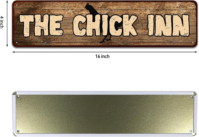 Rustic Metal "The Chick Inn" Tin Sign Art Wall Decor Funny Outdoor Garden Farm Signs, Chicken Gifts Coops Farmhouse Decor Hen House 4" by 16"