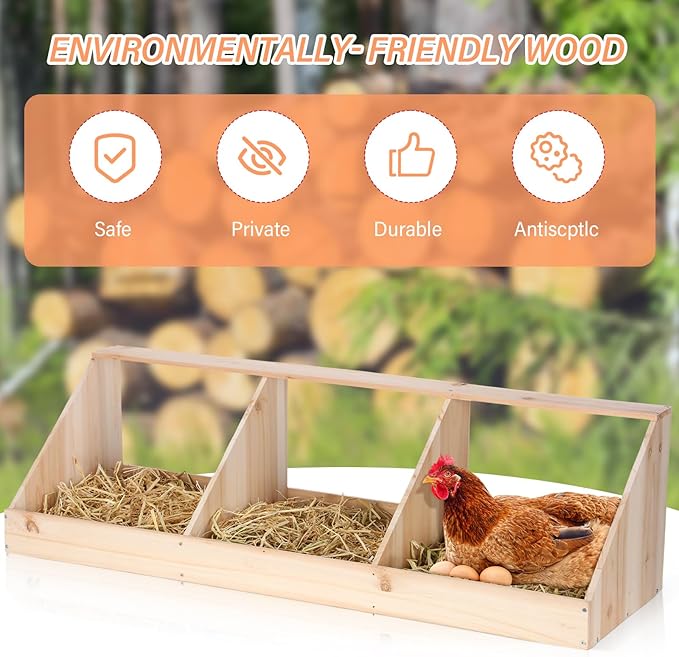 Nosiny Triple Nesting Boxes Wood Chicken Nesting Box 3 Compartment Room Hen Chicken Laying Boxes Versatile Use Easy Assemble for Duck Poultry, 37.4 x 12.8 x 11.2 Inch, Brown