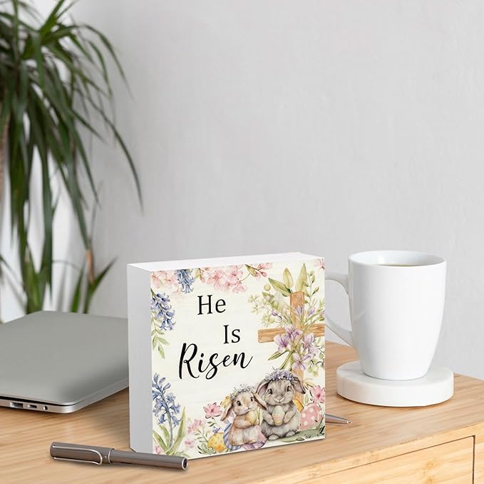 Easter Christian Bunny Wooden Box Sign Desk Decor, He Is Risen Easter Decor, Spring Floral Religious Cross Rabbit Wood Signs for Home Office Table Shelf Decorations, 5x5 Inch