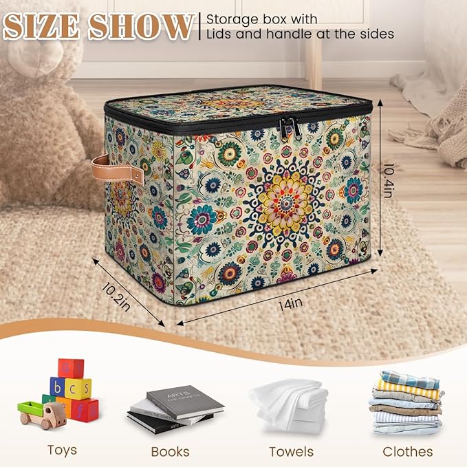Vintage Boho Storage Bins with Zipper Lid Fabric Storage Containers for Clothes Collapsible Closet Storage Basket with Metal Frame 1 Pack