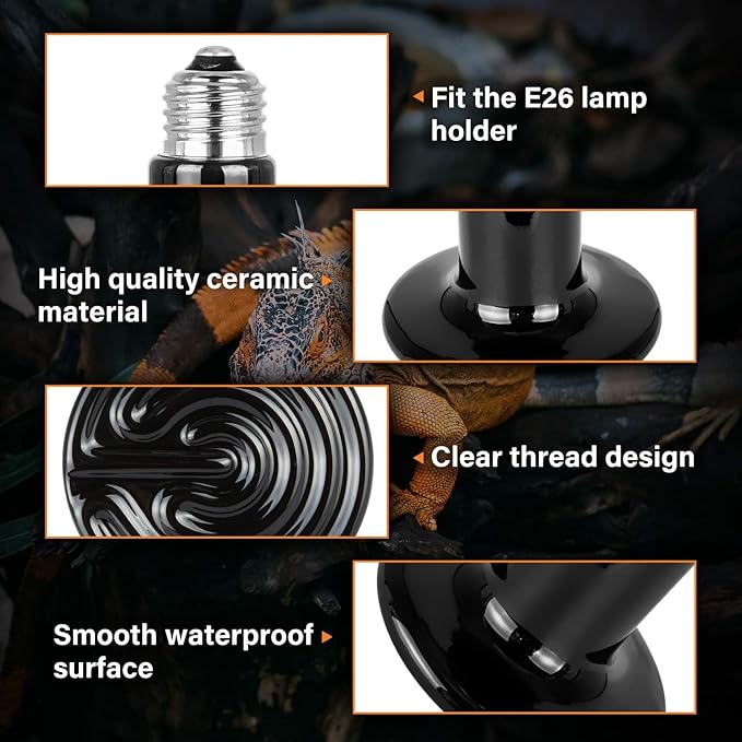 Simple Deluxe 50W Ceramic Heat Emitter Reptile Heat Lamp Bulb No Light Emitting Brooder Coop Heater for Amphibian Pet & Incubating Chicken, 2 Pack