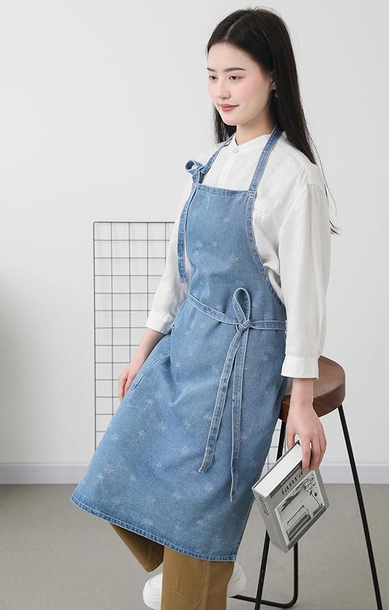 Cotton Denim Apron Soft - Unisex Adjustable Bib Apron with 5-Pockets Perfect for Kitchens