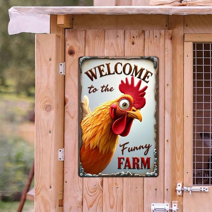 FunnySign Chicken Gifts Rooster Décor Welcome To The Funny Farm Rustic Tin Sign For Home Farm Chicken Coop Decor 8x12 Inch (9707)