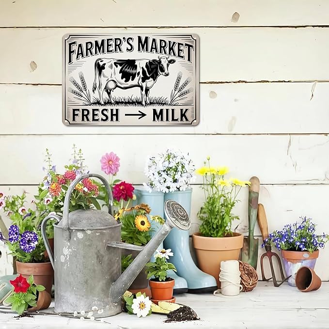 Farmer's Market tin sign, Vintage Farm Fresh Milk Cow Metal Sign print Aesthetic Room Decoration for Home Bedroom Kitchen Bar Coffee Bathroom Indoor Outdoor Wall Decor, 8 X 12 IN