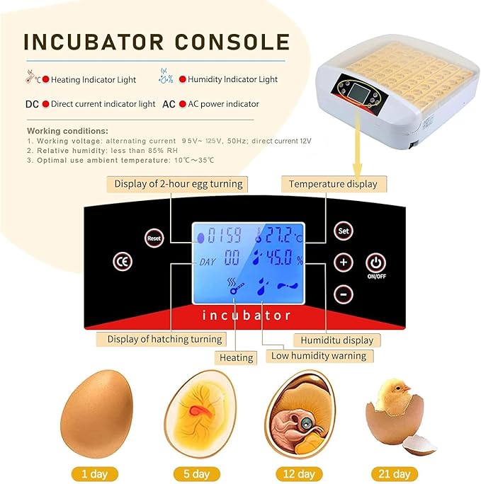 42-56 Egg Incubator with Smart Alarms - Egg Incubator with Auto Turning, Temp Control and Humidity Display, LED Candler Incubator for Chicken, Duck, Goose, Quail, Bird Eggs (56s)