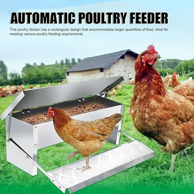 Automatic Chicken Feeder, Large Metal Poultry Feeder with Chicken Feeders No Waste Auto Food Dispenser for Chickens Capacity Coop Accessories Food for Laying Hens