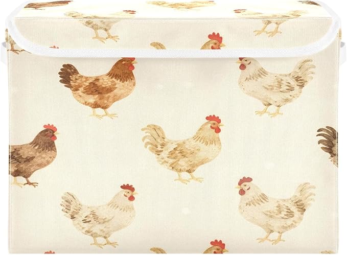 Farmhouse Chickens Fabric Storage Bin with Lid, Collapsible Basket with Handles, Shelf Cube Closet Organizer for Home and Bedroom