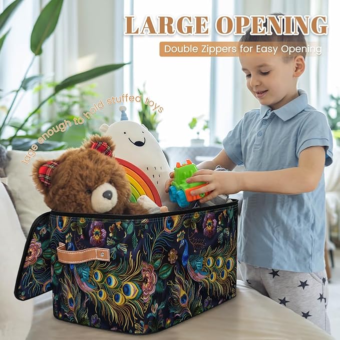 Peacock Animal Bird Feathers Storage Bins With Lids Fabric Collapsible Storage Box with Leather Handles for Home Bedroom Foldable Closet Shelf Organizer