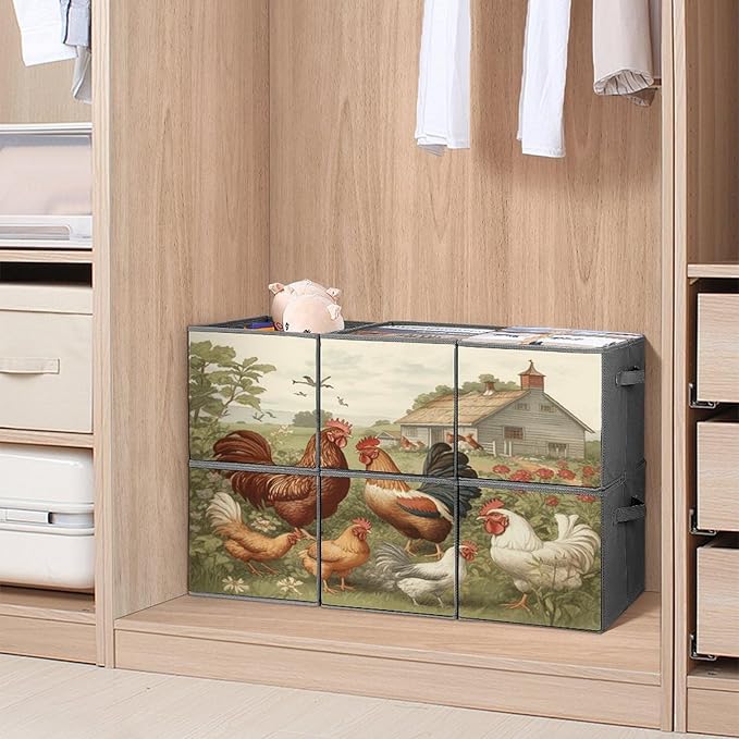 Chickens And Farm Storage Bins Cubes Fabric Cube Organizer Foldable Storage Boxes Large Storage Baskets Oxford Cloth Cube Bins for Home Clothes Closet Organizers 6 Pack