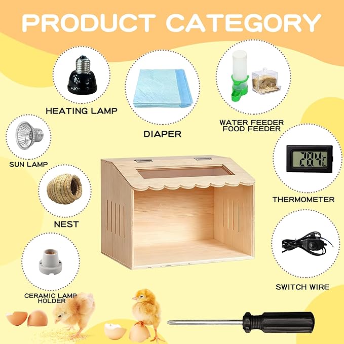 Wooden Chicken Brooder Box Kit with Heating Lamp, Thermometer, Food & Water Feeders, 15.7x11.8x11.8 Inch, Complete Small Pet Nursery Set with Ventilation, Digital Temperature Control