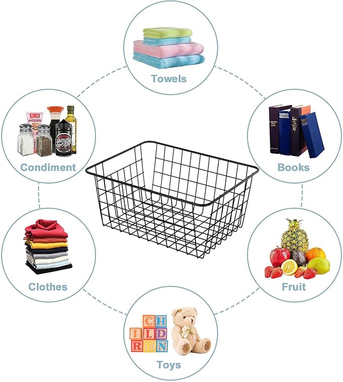 JUNCHU CHERRY【Extra Large】Wire Kitchen Storage Baskets 2 Packs,Perfect Pantry Organization Accessories Basket,Laundry Basket,Suitable for Countertop, Kitchen, Bedroom, Bathroom,Black