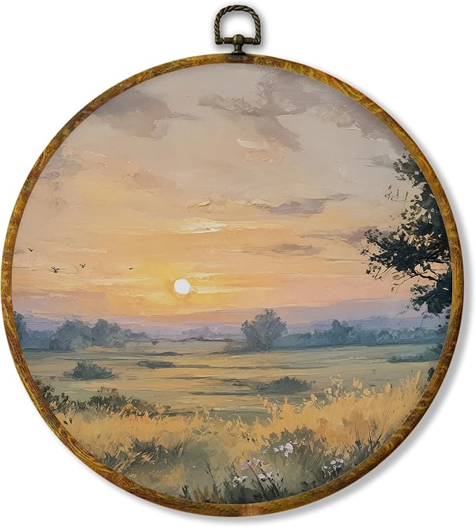 Hiuwevt Vintage Farmhouse Nature Round Wall Art Decor, Country Sunset Landscape Framed Canvas Prints, Rustic Cottagecore Round Wall Hanging Decor for Home Bedroom Living Room Decorations, 10x10 Inches