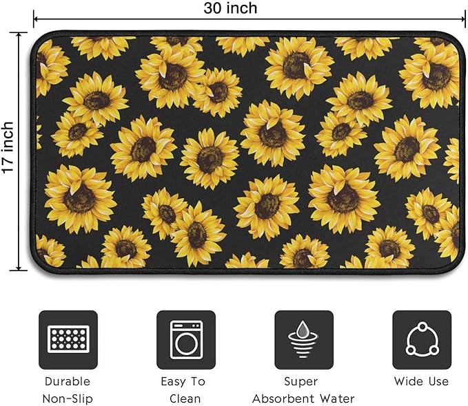 Roszwtit Farmhouse Kitchen Rugs and Mats, Black Sunflowers Door Mat, Seasonal Washable Non-Slip Floor Mats for Home Kitchen Decor 30x17 Inch