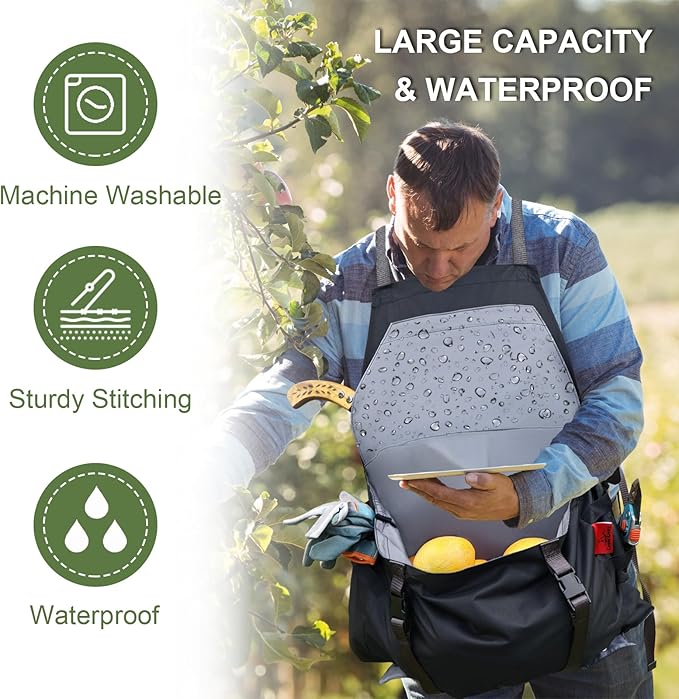Gardening Apron Waterproof Cross Back Apron, Extra 600D Heavy Duty Apron Harvest and Large Quick Release Pockets